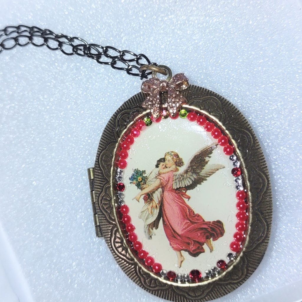 Homer Laughlin Angel Holding Child Image Locket Vintage Necklace